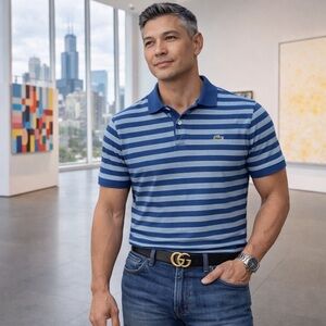 Lacoste Navy and Light Blue Striped Polo Shirt